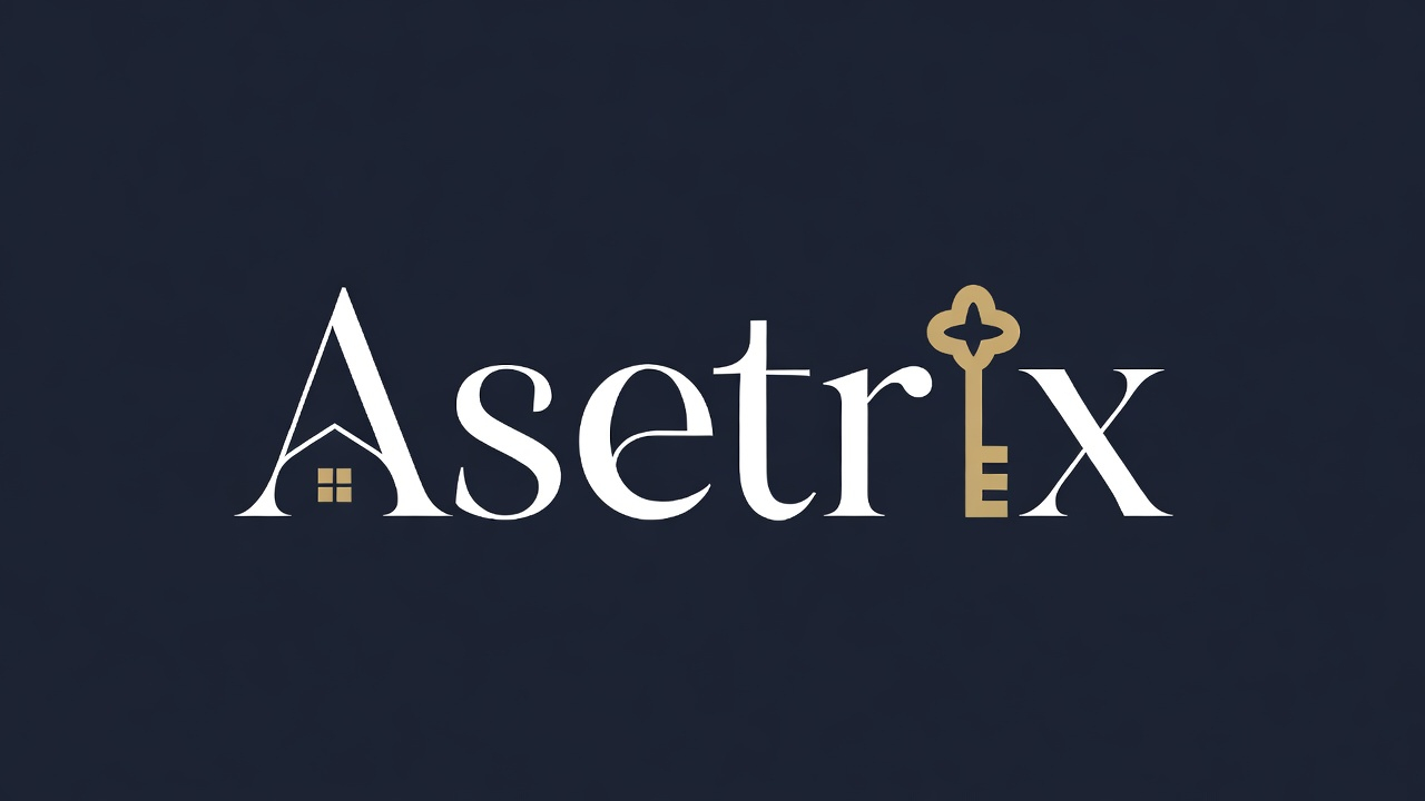 Asetrix Logo — Serif wordmark with golden key and house roof